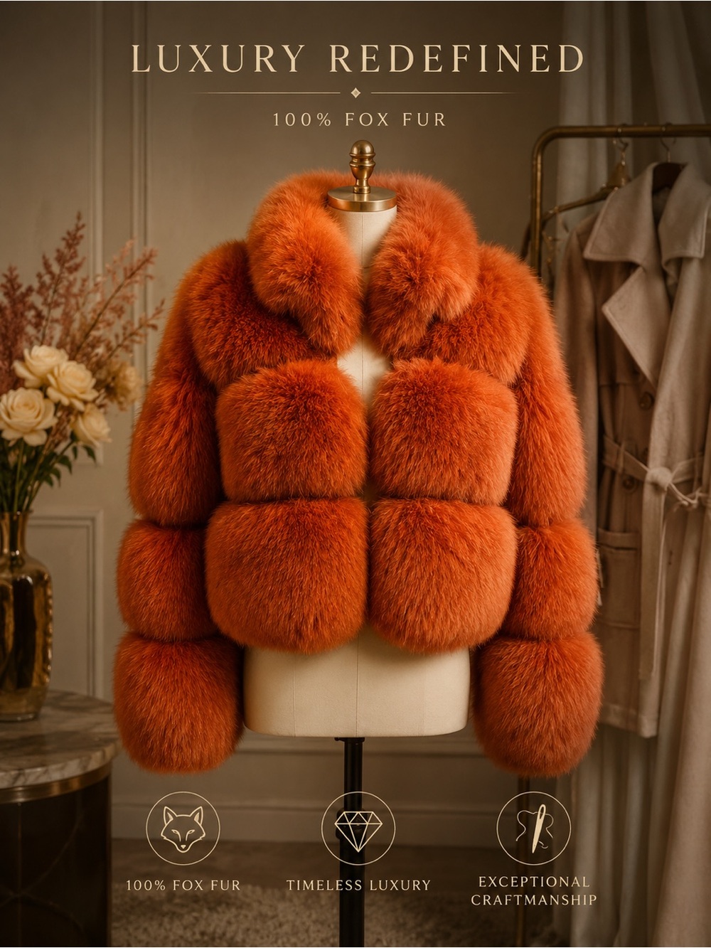 Jakewood Cropped Premium Fox Fur Luxury Jacket Burnt Orange #1098